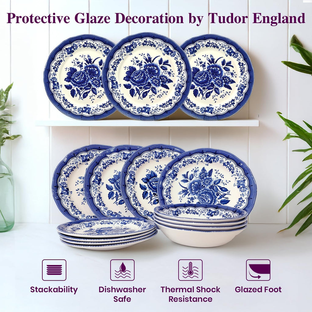 Tudor Royal 12-Piece Porcelain Round Dinnerware Set, Service for 4, Victoria Blue Design, Blue Floral, Plates Bowls Dishes, Glossy, Premium Quality Tableware, Unique Pattern