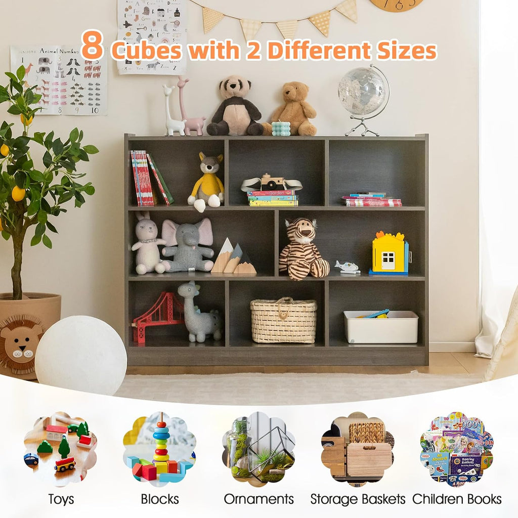 Costzon 3-Shelf Bookcase for Kids, Wooden Toy Storage Organizer for Books Toys, 8-Section Freestanding Classroom Daycare Montessori Bookshelf for Preschool, Home Playroom & Kindergarten (Grey)