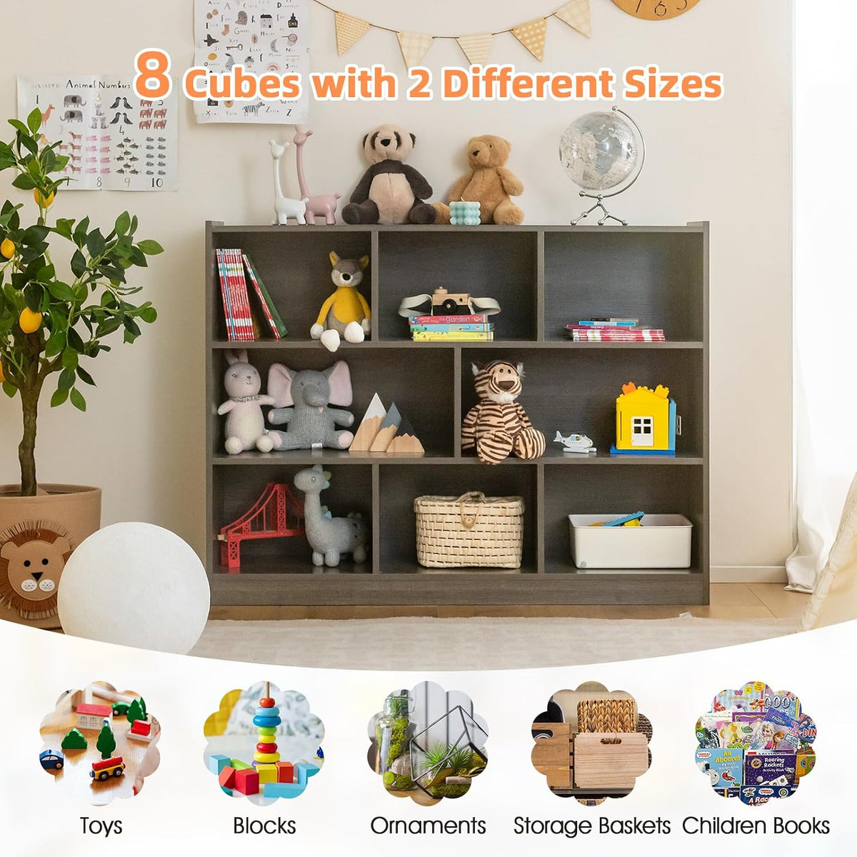 Costzon 3-Shelf Bookcase for Kids, Wooden Toy Storage Organizer for Books Toys, 8-Section Freestanding Classroom Daycare Montessori Bookshelf for Preschool, Home Playroom & Kindergarten (Grey)