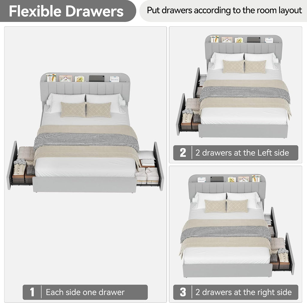 GarveeHome Queen Bed Frame with Storage Headboard, Girls Bed Frame with 2 Drawers, Boucle Upholstered Platform Bed with Bookcase, No Box Spring Needed, Easy Assembly, Grey