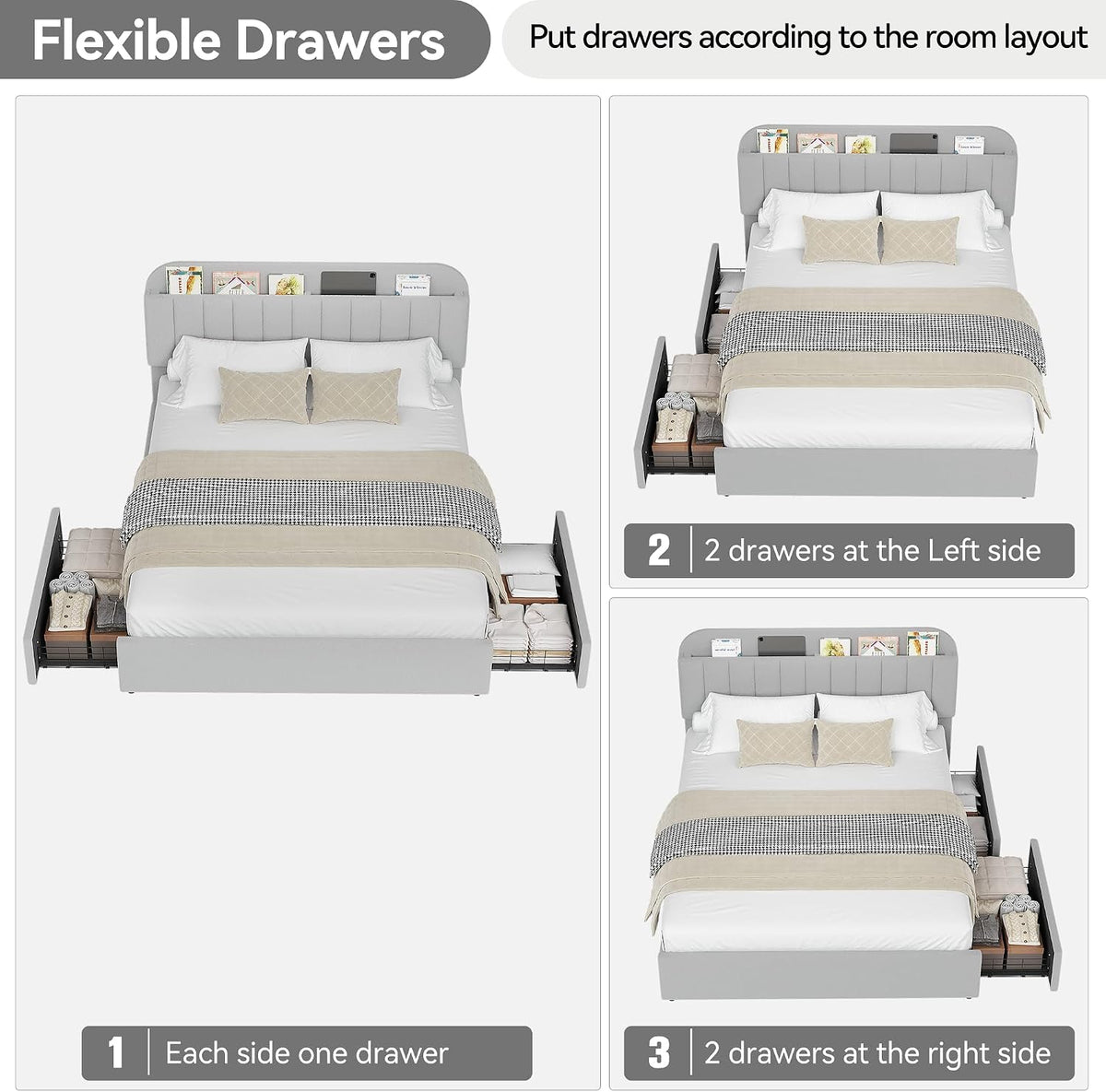 GarveeHome Queen Bed Frame with Storage Headboard, Girls Bed Frame with 2 Drawers, Boucle Upholstered Platform Bed with Bookcase, No Box Spring Needed, Easy Assembly, Grey