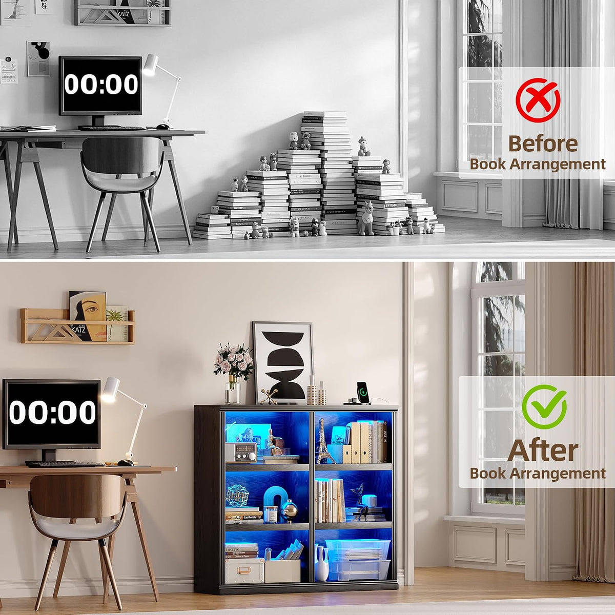 6-Cube LED Bookshelf with Motion Sensor Lights - USB Type-C Charging Module - Modern Cube Organizer Display Shelf 47.24 W x 43.31 H for Bedroom Living Room Home Office Gaming Room - Black