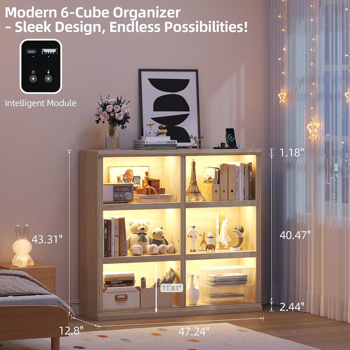 6-Cube LED Bookshelf with Motion Sensor Lights - USB Type-C Charging Module - Modern Cube Organizer Display Shelf 47.24 W x 43.31 H for Bedroom Living Room Apartment Home Office - Natural Wood