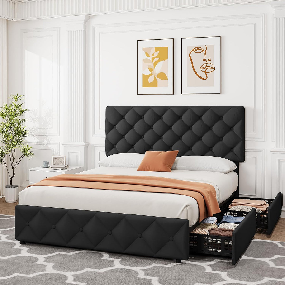 GarveeHome Full Size Bed Frame with 4 Storage Drawers and Adjustable Headboard, Linen Upholstered Platform Beds, Diamond Stitched Button Tufted, No Box Spring Needed, Black