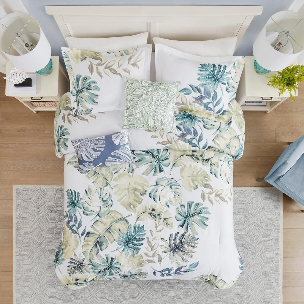 Harbor House Cozy Cotton Comforter Set - Coastal, All Season Down Alternative Casual Bedding with Matching Shams, Decorative Pillows, Lorelai, Monstera Leaf Green Full(80'x90') 6 Piece