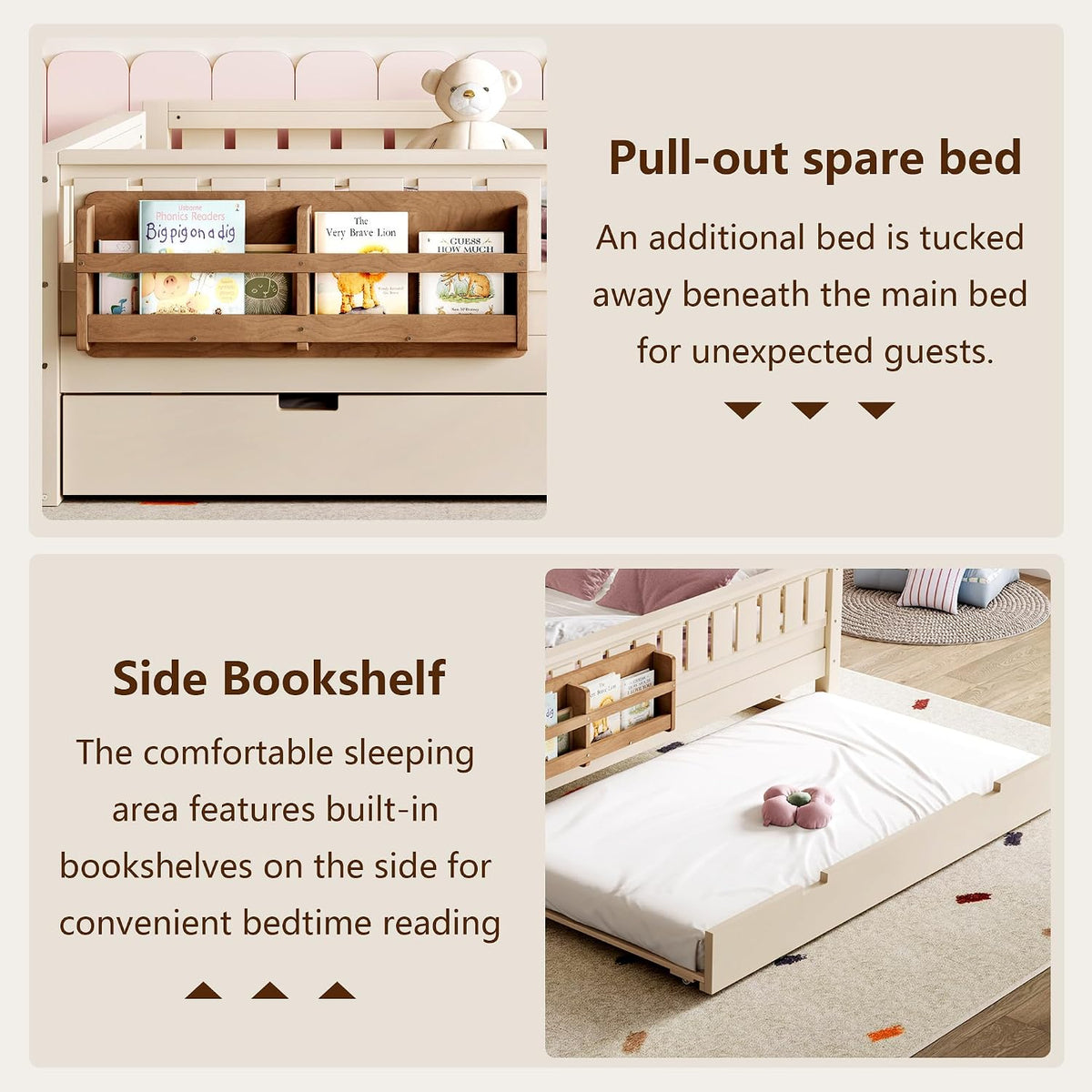 Bellemave Full Bed with Trundle and Stairs, Full Size Platform Bed Frame with Fence and Bookshelf, Easy Assemble Beds for Kids, Girls, Boys, Beige