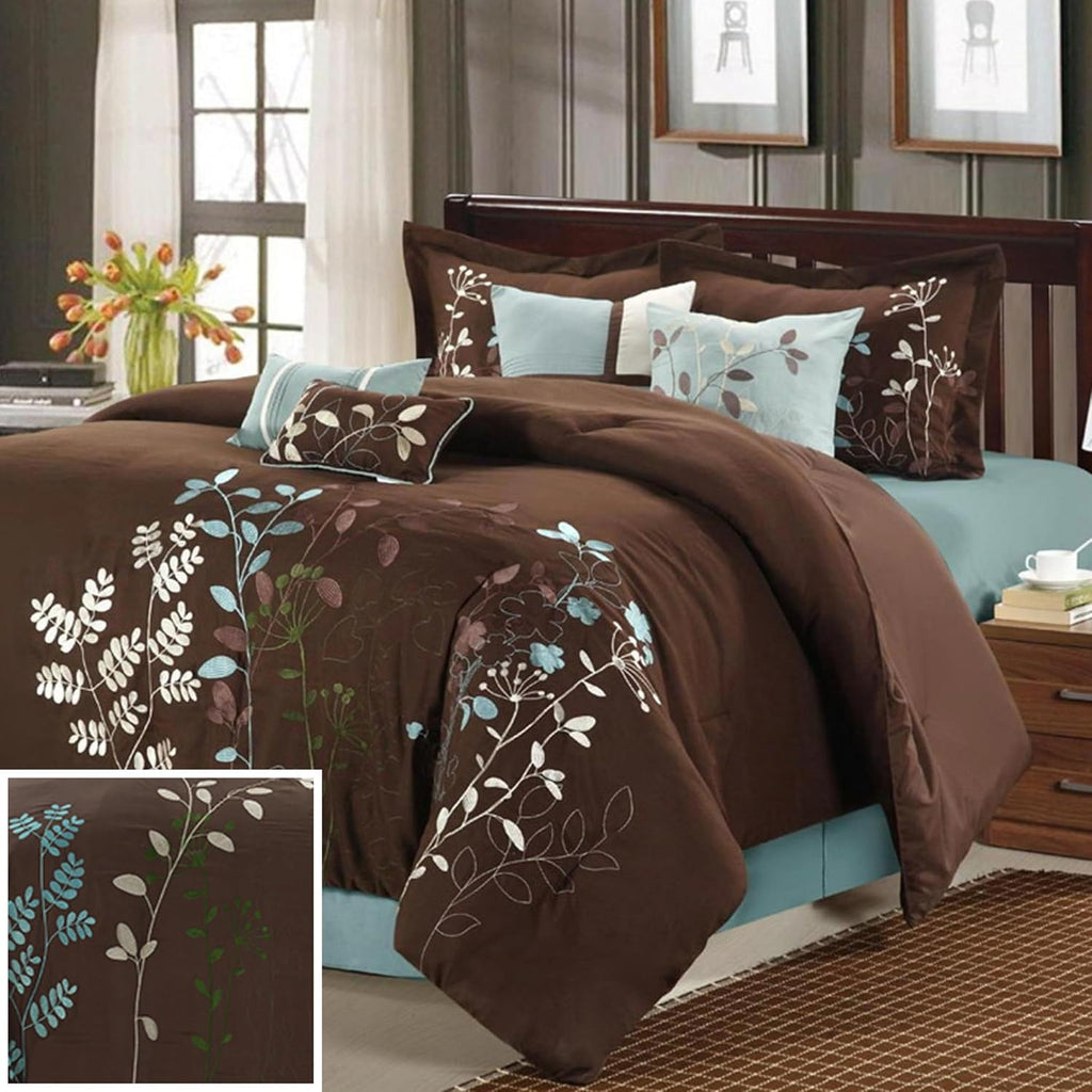 Chic Home Bliss Garden 8 Piece Embroidered Comforter Set, Queen, Brown