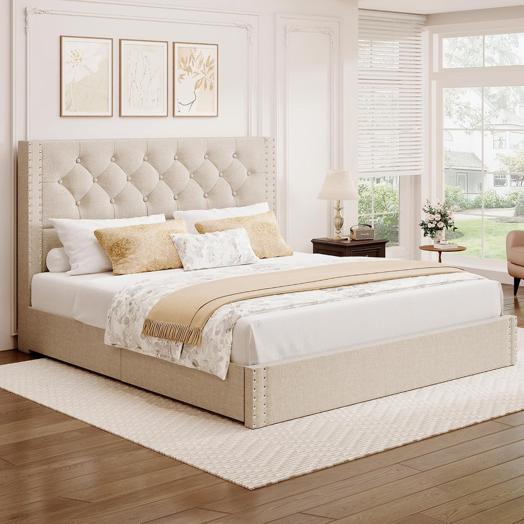 BRELTAM Full Size Bed Frame with 4 Storage Drawers and Tufted Headboard Linen Upholstered Platform Bed Frame with Heavy Duty Wood Slats, No Box Spring Needed, Beige