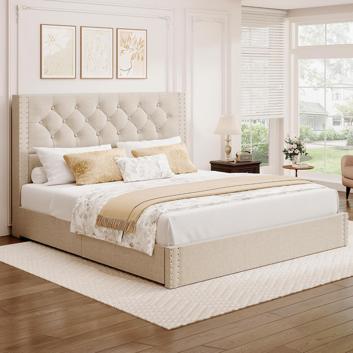 BRELTAM Full Size Bed Frame with 4 Storage Drawers and Tufted Headboard Linen Upholstered Platform Bed Frame with Heavy Duty Wood Slats, No Box Spring Needed, Beige