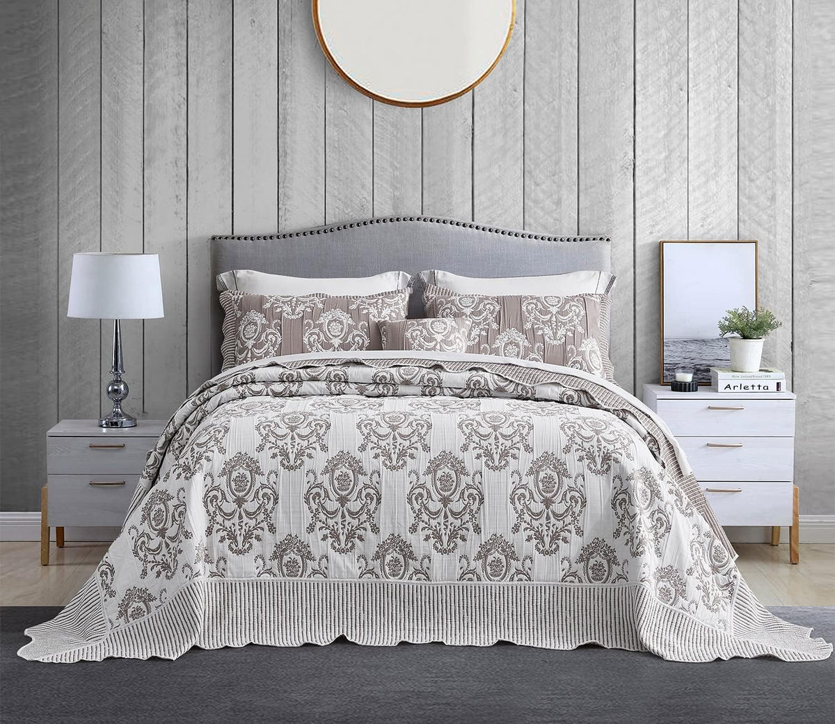 HZ & HY Oversized King Bedspread 128x120 Extra Wide, Jacquard Matelasse Damask Pattern Design, Lightweight, Reversible, 5 Piece, 100% Microfiber, Tan Brown