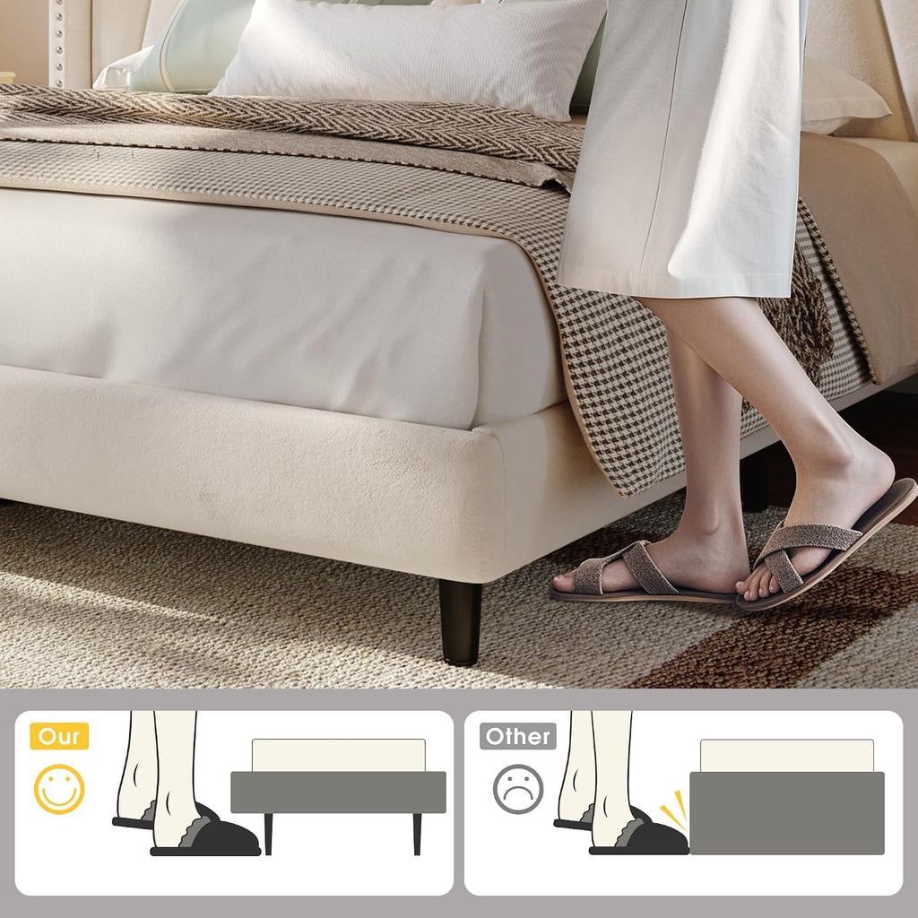 EnHomee Full Size Bed Frame with 51' Tall Velvet Wingback Headboard, LED Lights, and Charging Station, Noise-Free Platform Bed with Spacious Underbed Space, Beige