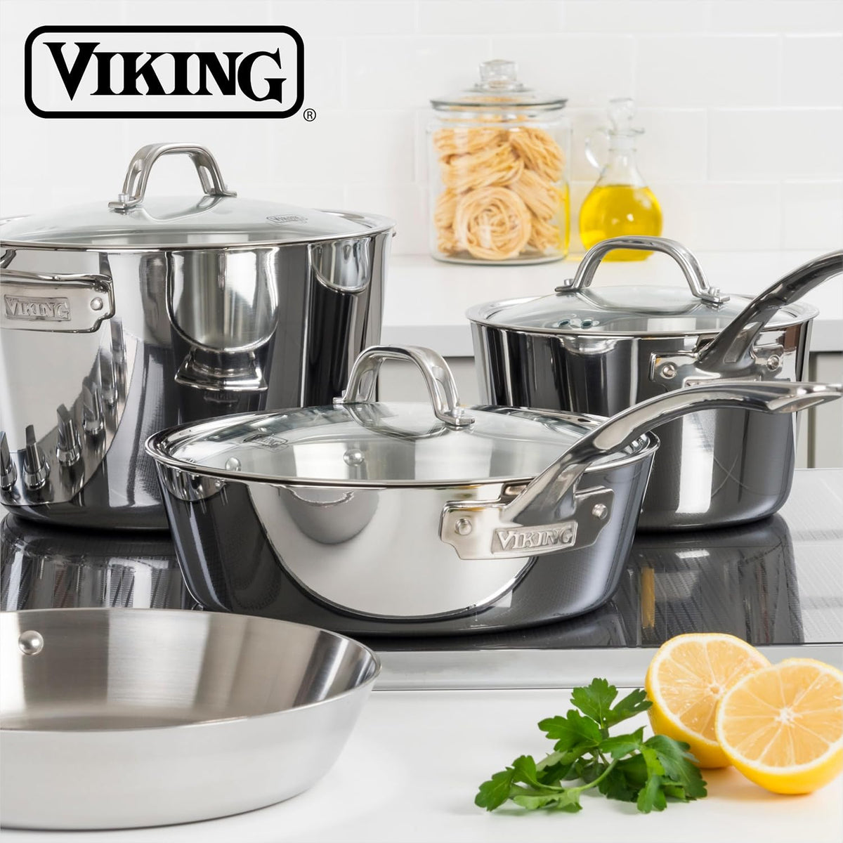 Viking Contemporary 3-Ply Stainless Steel Sauce Pan with Glass Lid, 3.4 Quart Saucepan Cooking Pot, Dishwasher and Oven Safe, Induction Ready, Silver