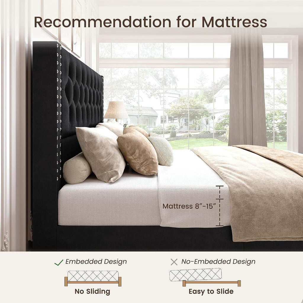 BRELTAM King Size Bed Frame with 4 Storage Drawers and Tufted Headboard Velvet Upholstered Platform Bed Frame with Heavy Duty Wood Slats, No Box Spring Needed, Black