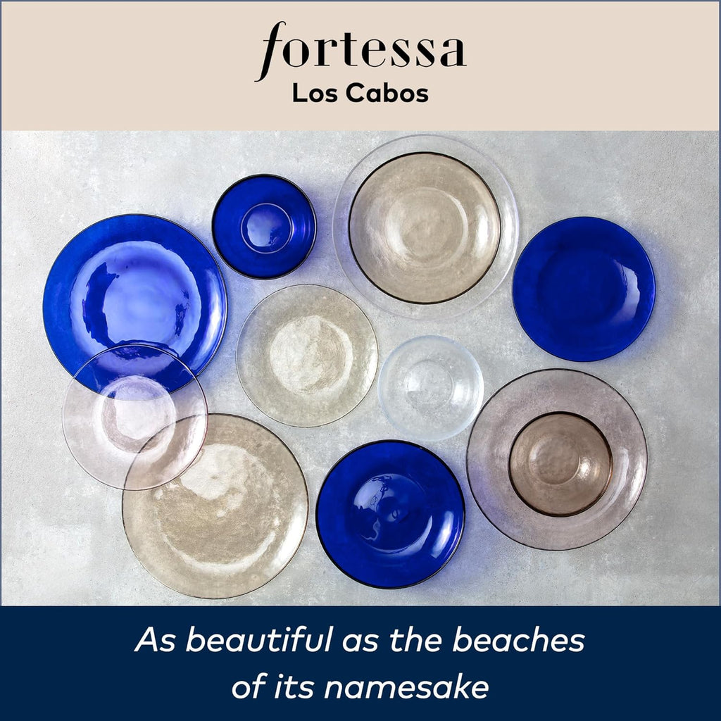 FORTESSA Los Cabos Tableware, 16-Piece Glass Dinnerware Set with 4 Dinner Plates, 4 Salad Plates, 4 Coupe Bowls and 4 Cereal Bowls, Dishwasher-Safe Glass Plate Set, Shadow Black