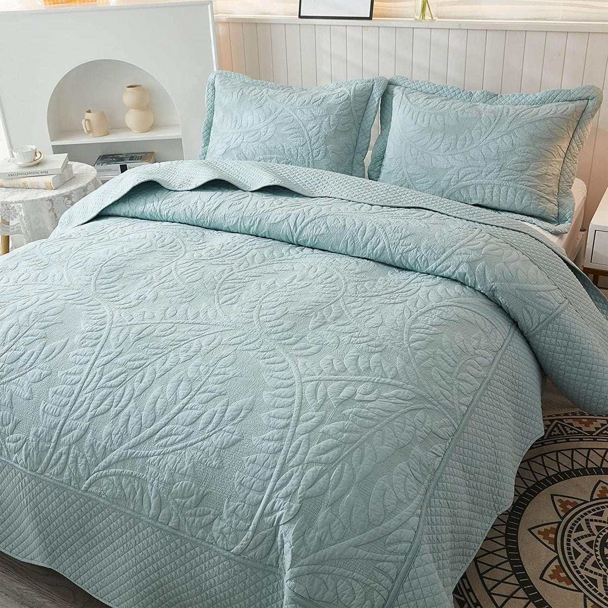 MarCielo 100% Cotton Quilt Set - 3-Piece Embroidered Farmhouse Bedspread & Shams, All-Season Breathable Bedding(Aruba Blue,King)