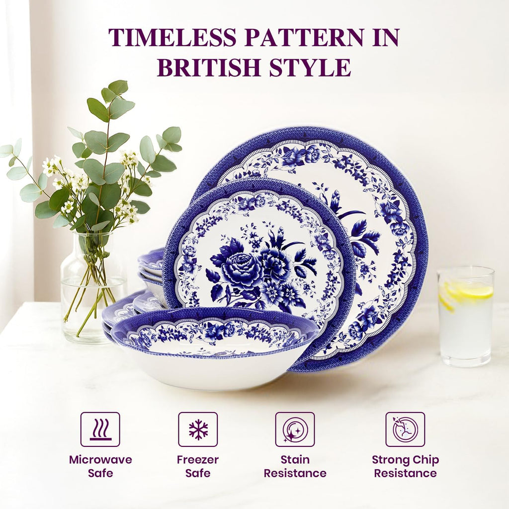 Tudor Royal 12-Piece Porcelain Round Dinnerware Set, Service for 4, Victoria Blue Design, Blue Floral, Plates Bowls Dishes, Glossy, Premium Quality Tableware, Unique Pattern