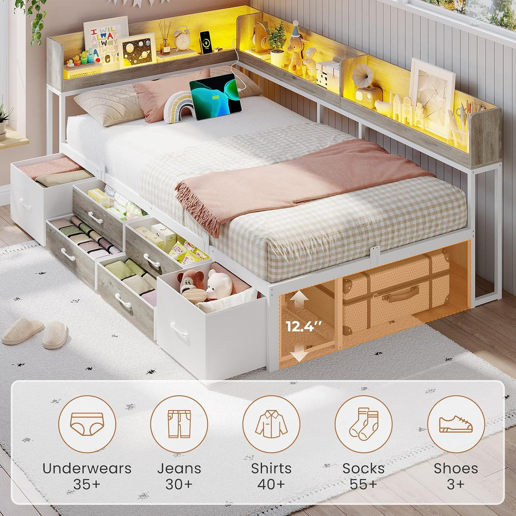 VIAGDO Corner Bed Frame with Storage Bookcase and 6 Drawers, Twin Metal Platform Corner Bed Frame with LED Lights and Charging Station, Twin Daybed for Kids Teenagers, White & Grey