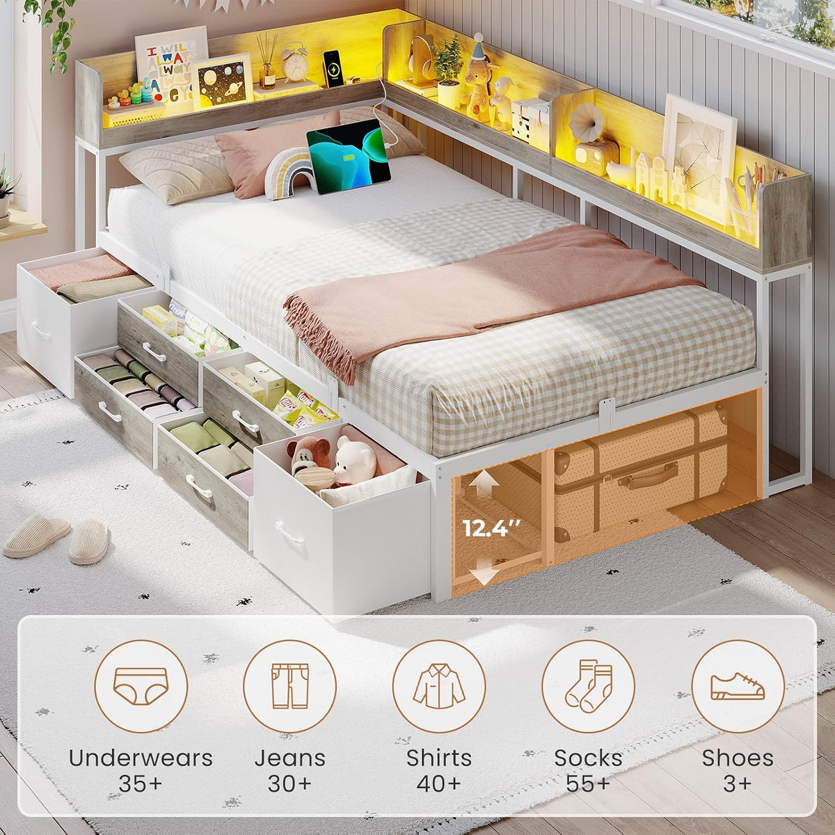 VIAGDO Corner Bed Frame with Storage Bookcase and 6 Drawers, Twin Metal Platform Corner Bed Frame with LED Lights and Charging Station, Twin Daybed for Kids Teenagers, White & Grey