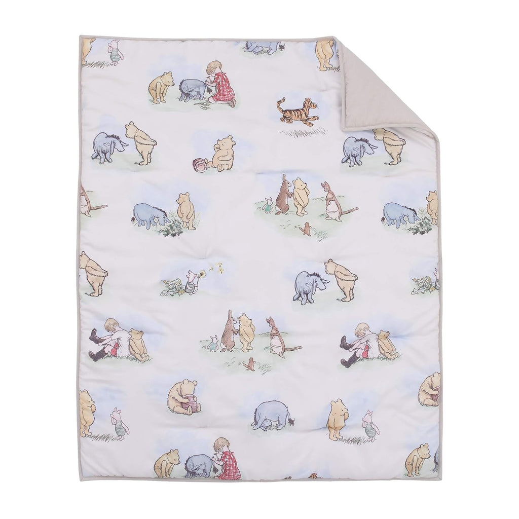 Disney Winnie The Pooh Classic Pooh Ivory, Blue, Sage, Tan Storybook 6 Piece Nursery Crib Bedding Set - Comforter, 2 Fitted Crib Sheets, Dust Ruffle, Baby Blanket, Changing Pad Cover