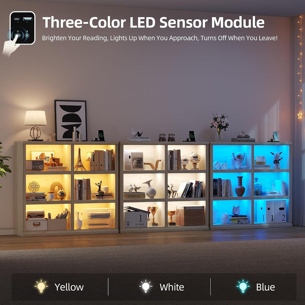 6-Cube LED Bookshelf with Motion Sensor Lights - USB Type-C Charging Module - Modern Cube Organizer Display Shelf 47.24 W x 43.31 H for Bedroom Living Room Apartment Home Office - Natural Wood