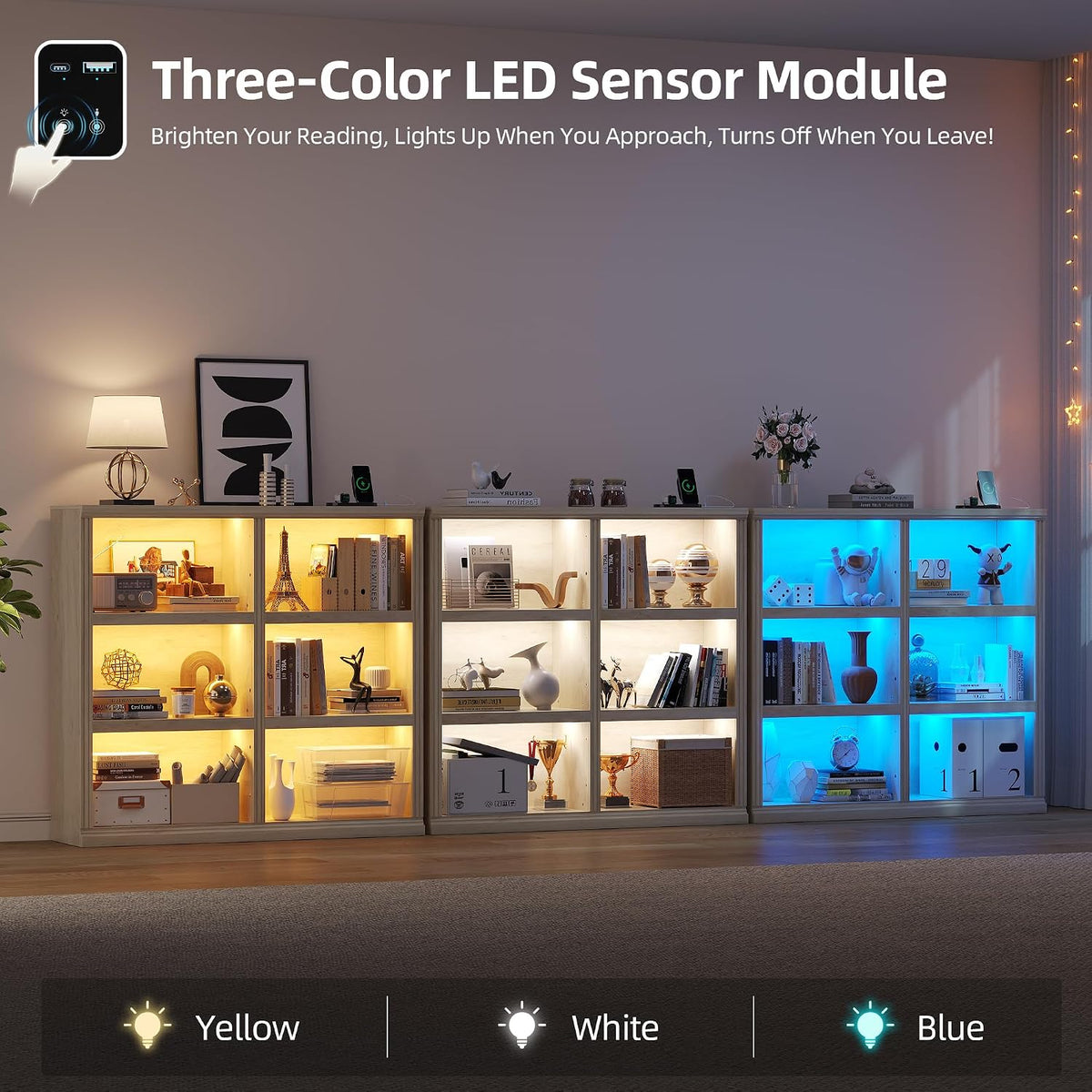 6-Cube LED Bookshelf with Motion Sensor Lights - USB Type-C Charging Module - Modern Cube Organizer Display Shelf 47.24 W x 43.31 H for Bedroom Living Room Apartment Home Office - Natural Wood