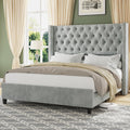 Jocisland King Size Bed Frame with 51.6' Wingback Tufted Velvet Headboard, Modern Upholstered Platform Bed, No Box Spring Needed, Easy Assembly, Light Grey