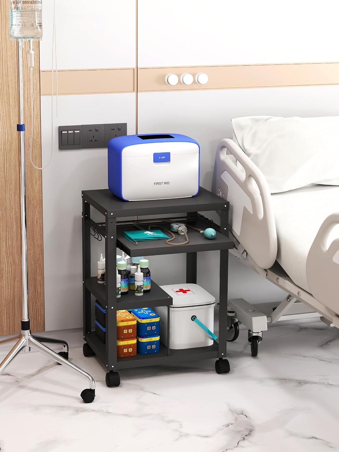 AV Presentation Cart with Keyboard Tray Mobile AV Cart Stand Metal Media Cart with Wheels for Projector Height Adjustable Computer Workstation Presentation Cart for School Classroom Office