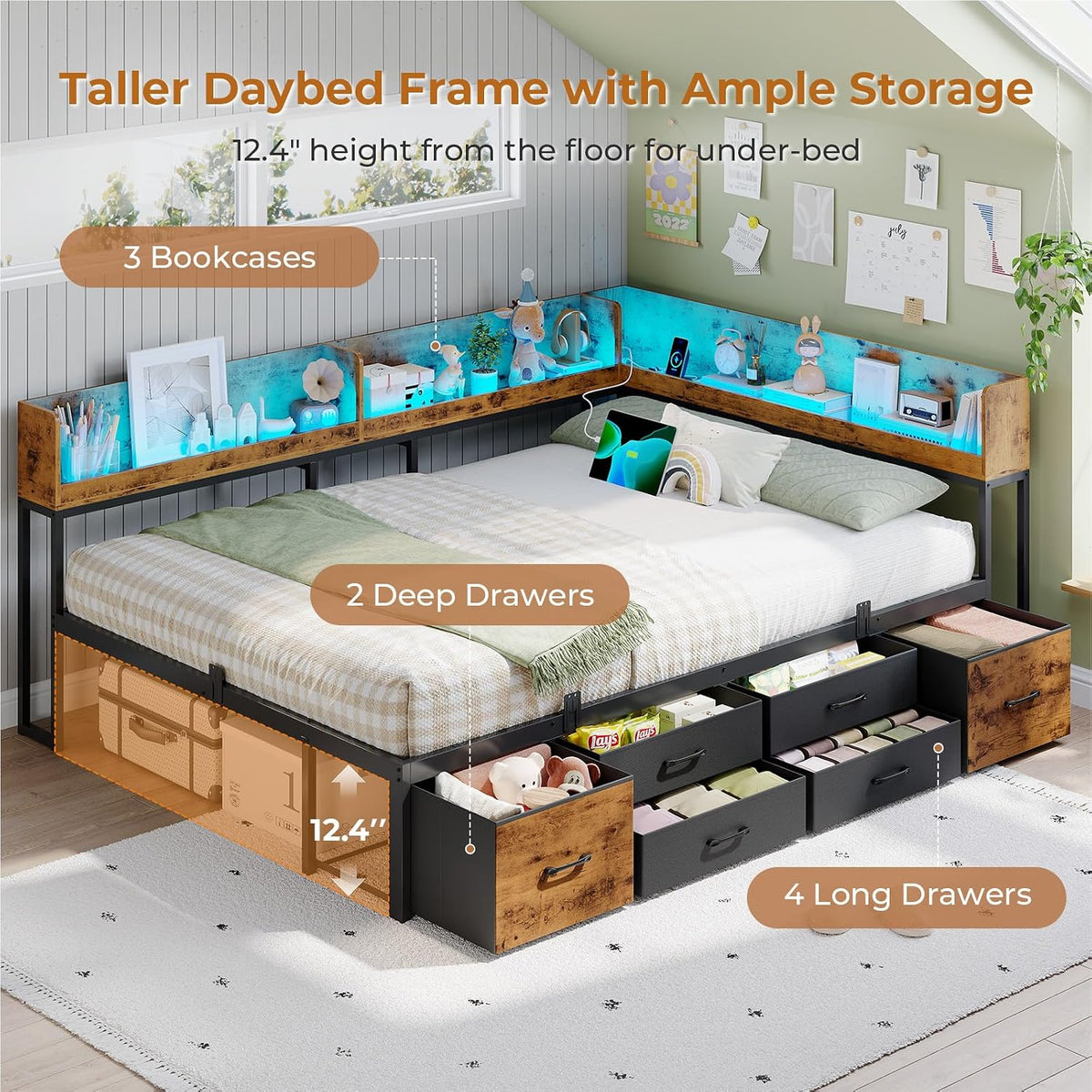 VIAGDO Corner Bed Frame Full with Storage Bookcase and 6 Drawers, Metal Platform Corner Bed Frame with LED Lights and Charging Station, Full Daybed for Kids Teenagers, Rustic Brown & Black