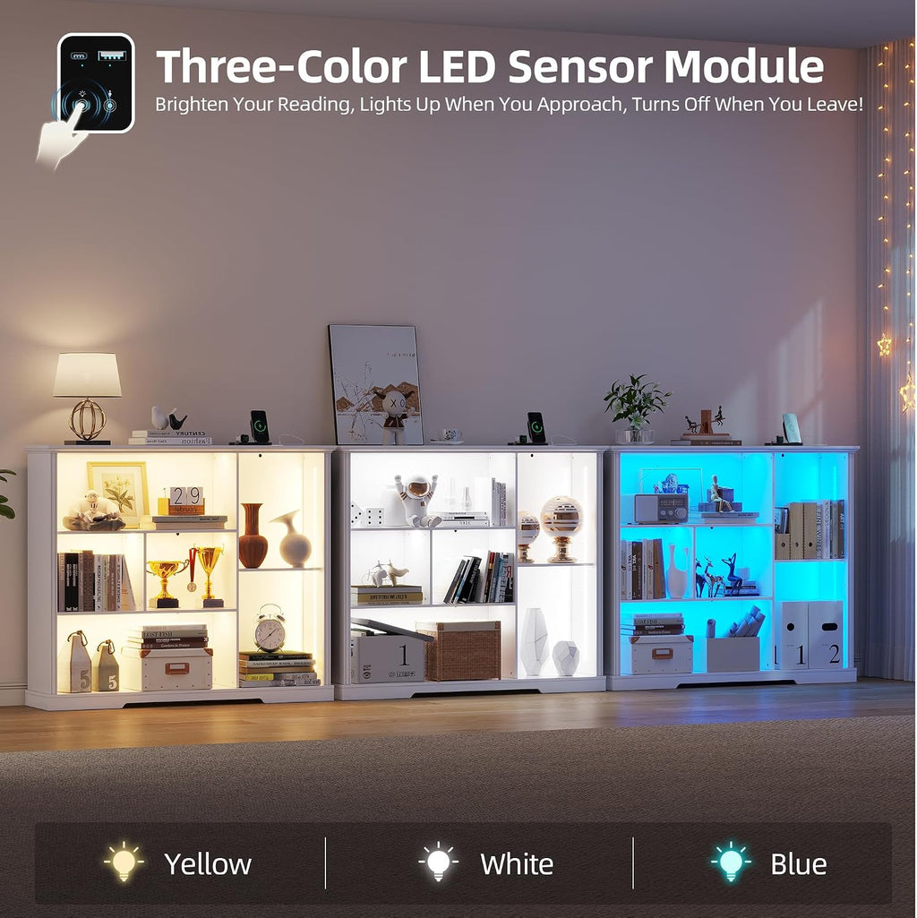3-Tier LED Bookshelf with Lights - Motion Sensor Bookcase - USB Charging Module - Adjustable Display Shelf for Bedroom Kids Room Living Room Home Office - 47.24 W x 40 H - White