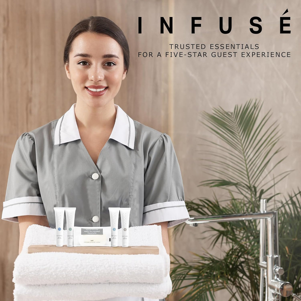 Infuse Pure White Tea and Coconut Hotel Soaps and Toiletries Bulk Set | 1-Shoppe All-In-Kit for Airbnb | 1oz Shampoo & Conditioner, Body Wash, Lotion & 1.25oz Bar Soap | Travel Size 300 Pieces