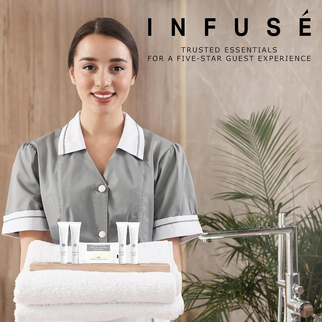 Infuse Pure White Tea and Coconut Hotel Soaps and Toiletries Bulk Set | 1-Shoppe All-In-Kit for Airbnb | 1oz Shampoo & Conditioner, Body Wash, Lotion & 1.25oz Bar Soap | Travel Size 150 Pieces