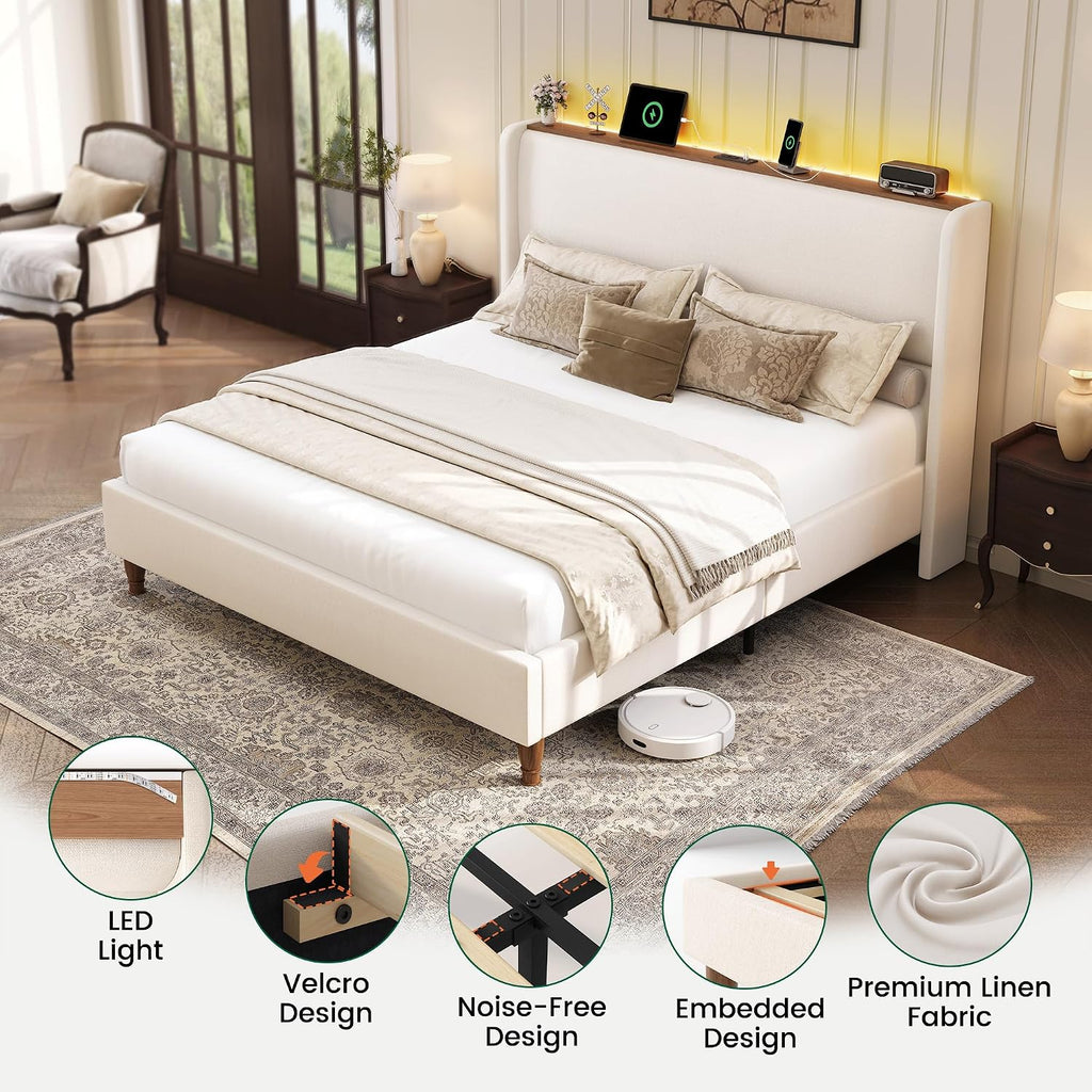LARMACE King Size Bed Frame with LED Lights and Charging Station Linen Upholstered Platform Bed Frame with 51.2' Tall Wingback Headboard and Storage Shelf, No Box Spring Needed, Easy Assembly, Beige