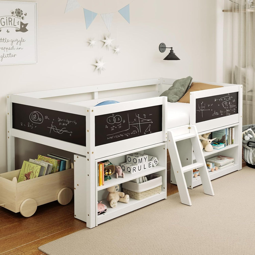 Giantex Low Loft Bed Twin Size, Wooden Loft Bed with Ladder & Blackboard, Twin Bed Frames for Kids with Storage 2 Bookcases and Play Space, White