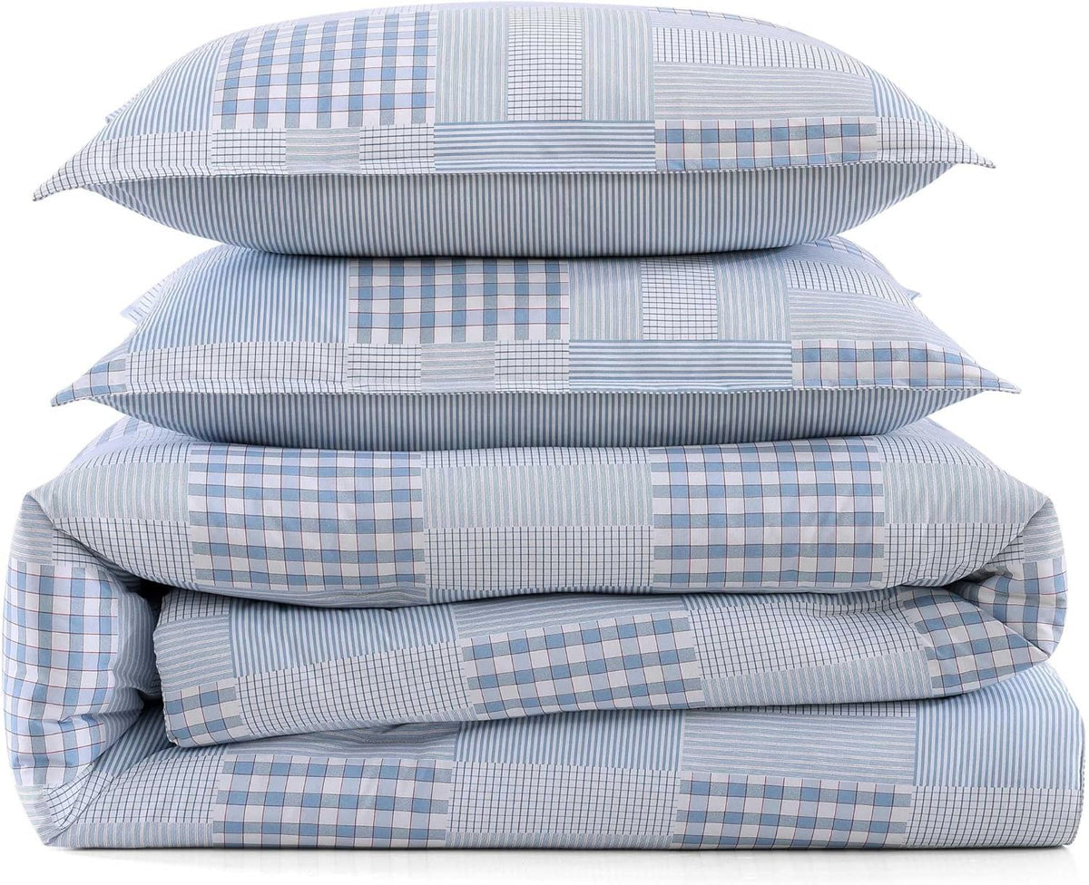 Tommy Hilfiger - Full/Queen Comforter Set, Cotton Textured Bedding with Matching Shams, Medium Weight Bed Set, Oeko-TEX Certified (Hamptons Patchwork Blue)