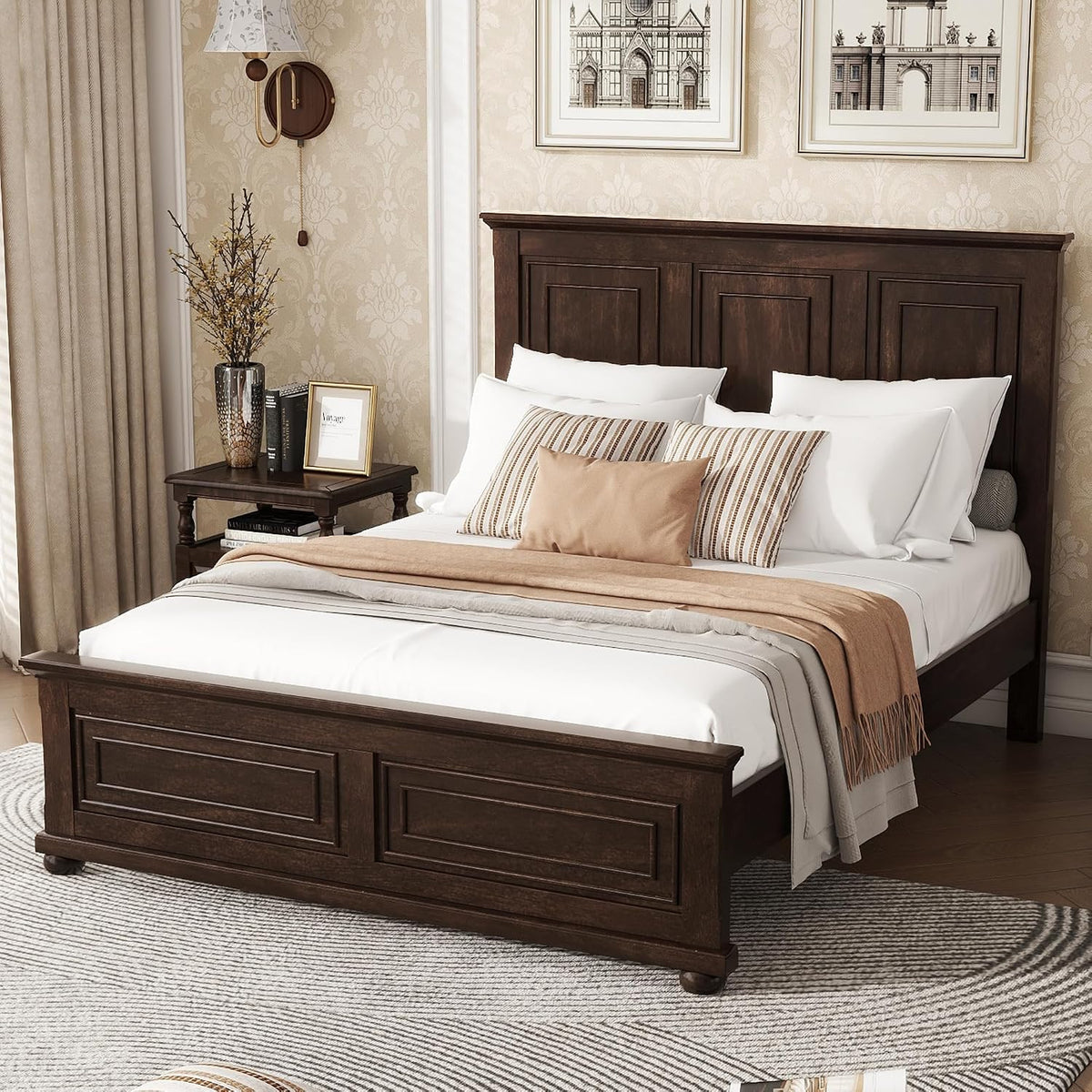 Queen Size Solid Wood Platform Bed Frame,Wood Bed with USB Charging Station, Solid Wood Leg/No Box Spring Needed/Noise Free/Brown