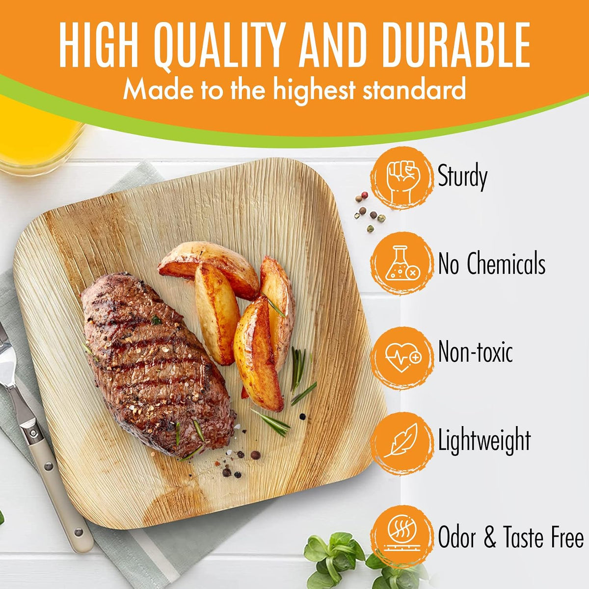 Raj Palm Leaf Plates Bulk [50-Pack] 7' Square Plates(5 CASES - 250 PACK) like Bamboo plates Disposable, Strong, Decorative Compostable Tableware for weddings, Lunch, Dinner, Birthday, Camping