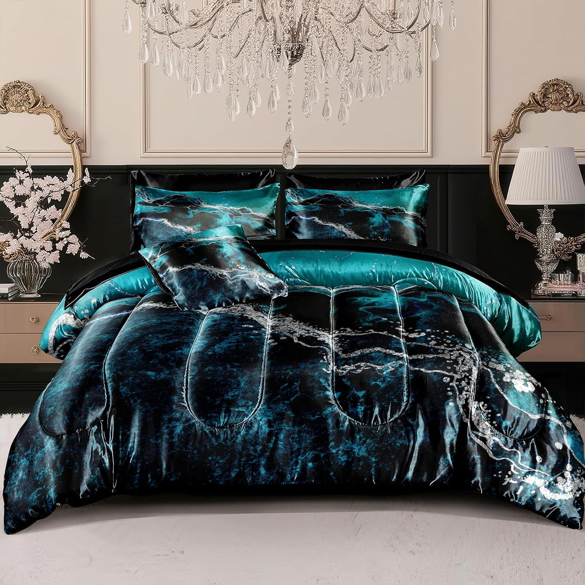 Bedorm Blue Marble Comforter Set Queen Silky Satin Bed in A Bag Black Marble Stone Abstract Texture Silk Like Black Satin Bedding Set with Comforter and Sheet Set