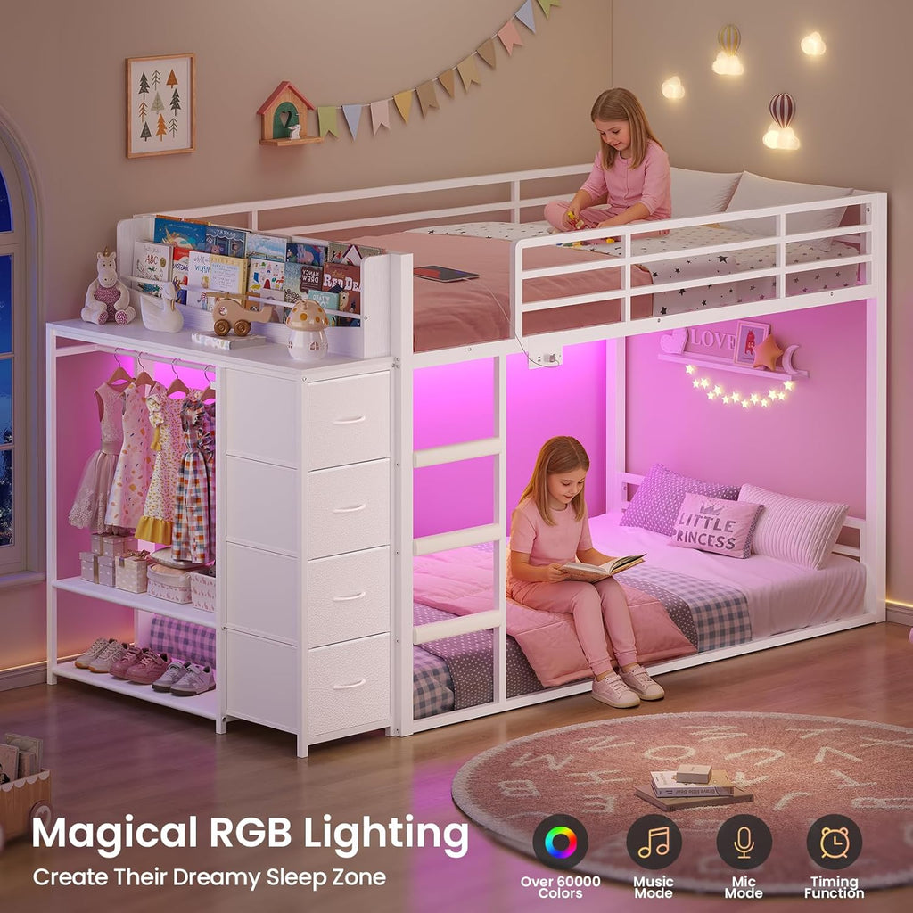 ADORNEVE Low Bunk Bed Twin Over Twin with Bookshelf, 4 Storage Drawers, Metal Kids Bunk Bed with Power Outlet & RGB Lights, Clothing Rack & Shelves, Safety Guardrail & Ladder, White