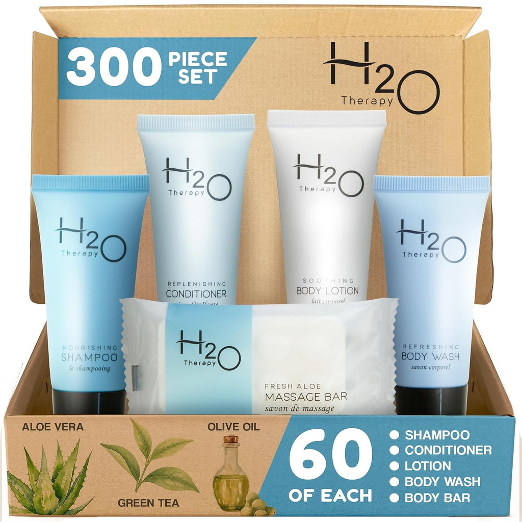 H2O Therapy Hotel Soaps & Toiletries Bulk Set | 1-Shoppe Amenities Kit | 0.85oz Shampoo & Conditioner, Body Wash, Lotion, 1oz Bar Soap | Travel Size | 300 Pieces