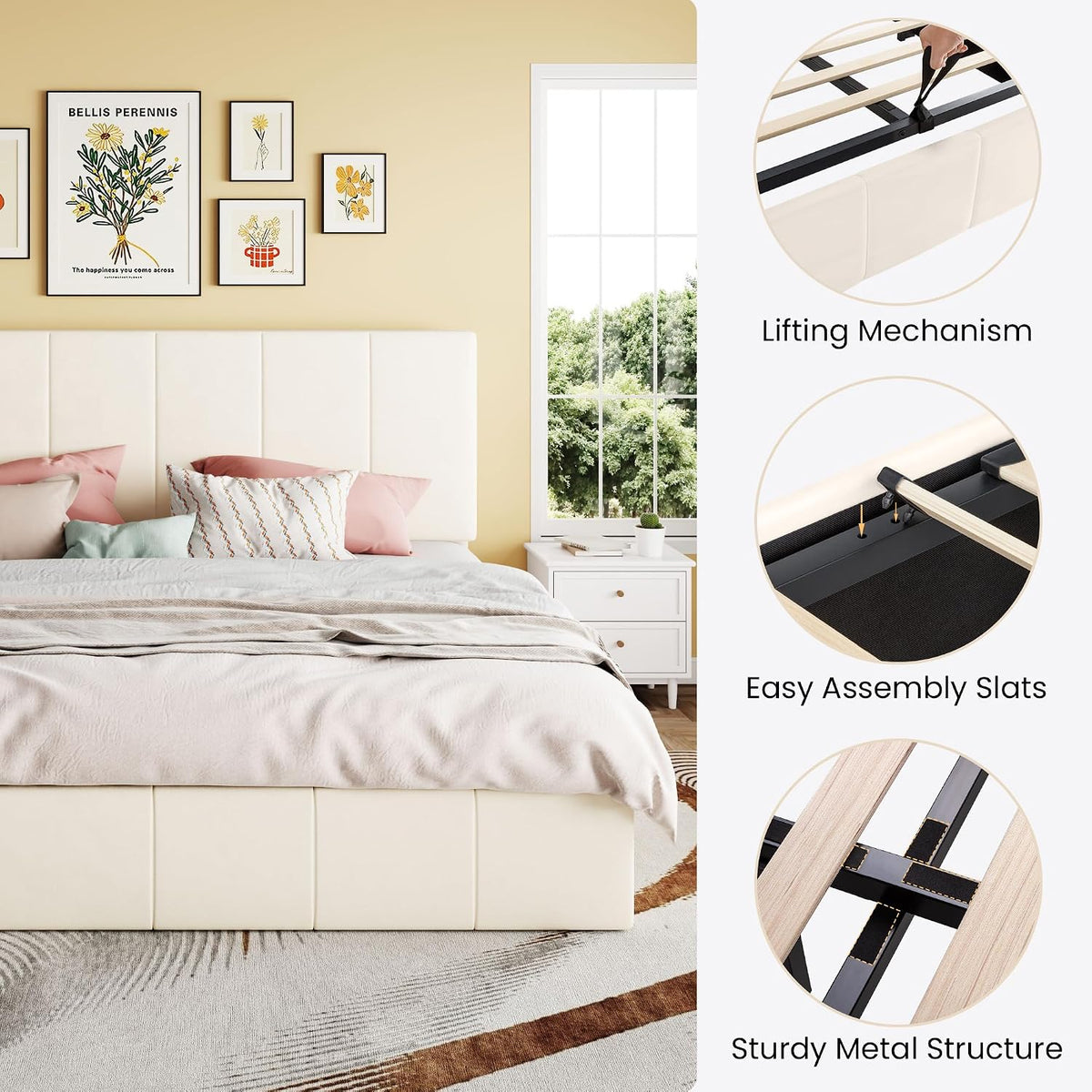 SHA CERLIN King Size Lift Up Storage Bed Frame, Adjustable Headboard, Hydraulic Support, Velvet Upholstered, Easy Installation, No Box Spring Needed, Cream