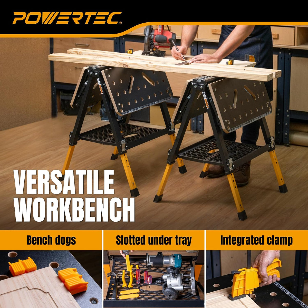POWERTEC 2-in-1 Folding Work Table & Sawhorse – 1000 lb Capacity Portable Workbench with 8-Level Height Adjustment, Clamps, Bench Dogs & Expandable Support Platform (UT1015)