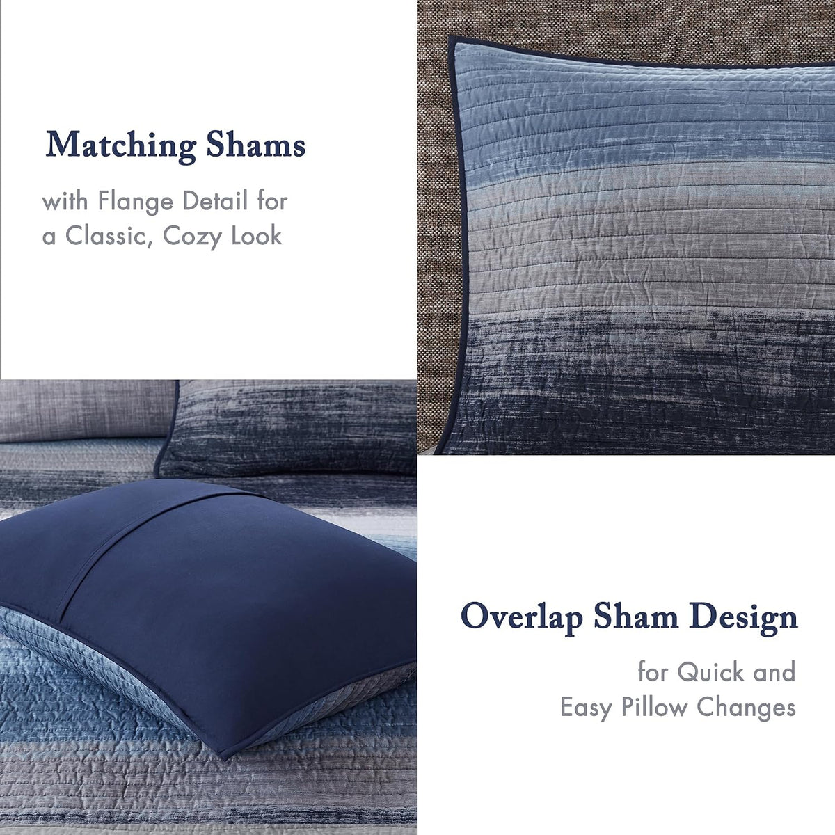 Madison Park Essentials Saben Cozy Bed in A Bag Reversible Quilt with Complete Cotton Sheet Set-Geometric Design All Season Cover, Decorative Pillow, Queen(90'x90'), Stripes Navy 8 Piece