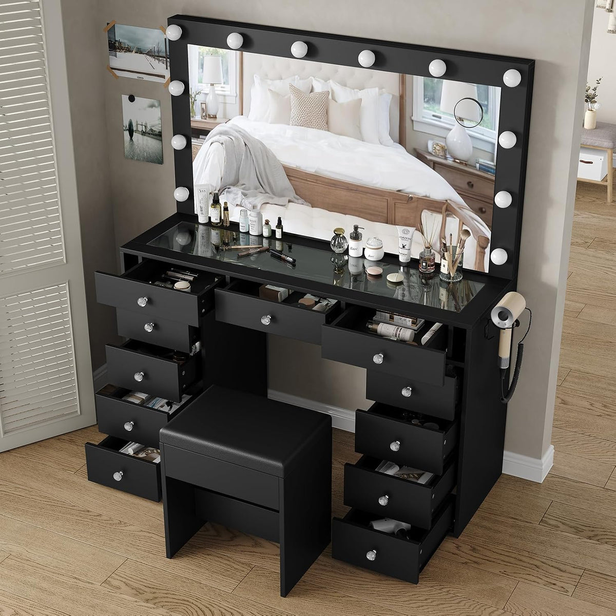 Yanosaku Vanity Desk & Power Outl, Makeup Table with Mirror and 12 LED Lights, Makeup Table with 11 Drawers, 3 Lighting Modes Brightness Adjustable(Black)