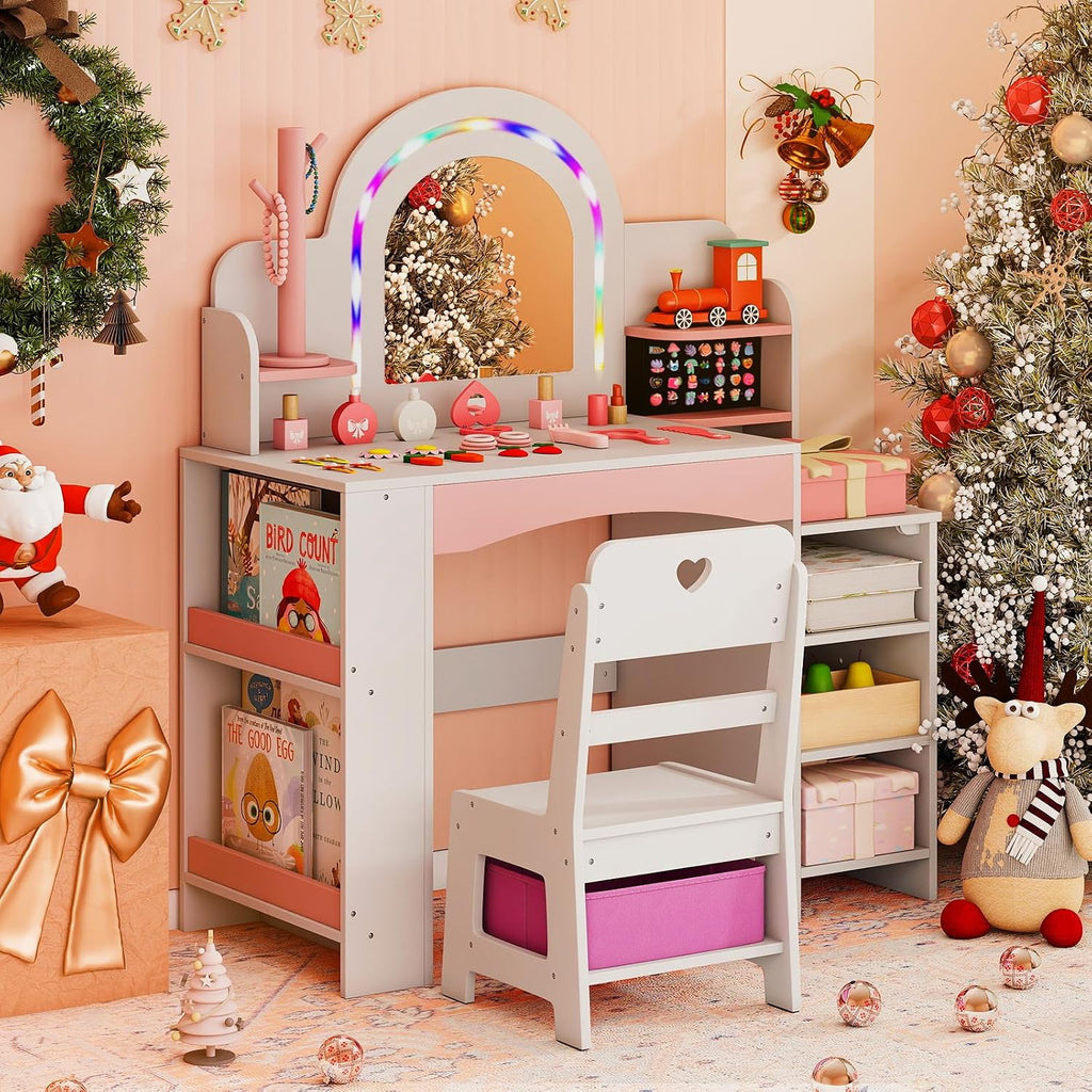 Costzon Kids Vanity, Girls Vanity Set with Lighted Mirror, Bookshelf, Jewelry Storage, Toddler Makeup Vanity Desk Dressing Table, Wooden Kids Vanity Table and Chair Set (White)