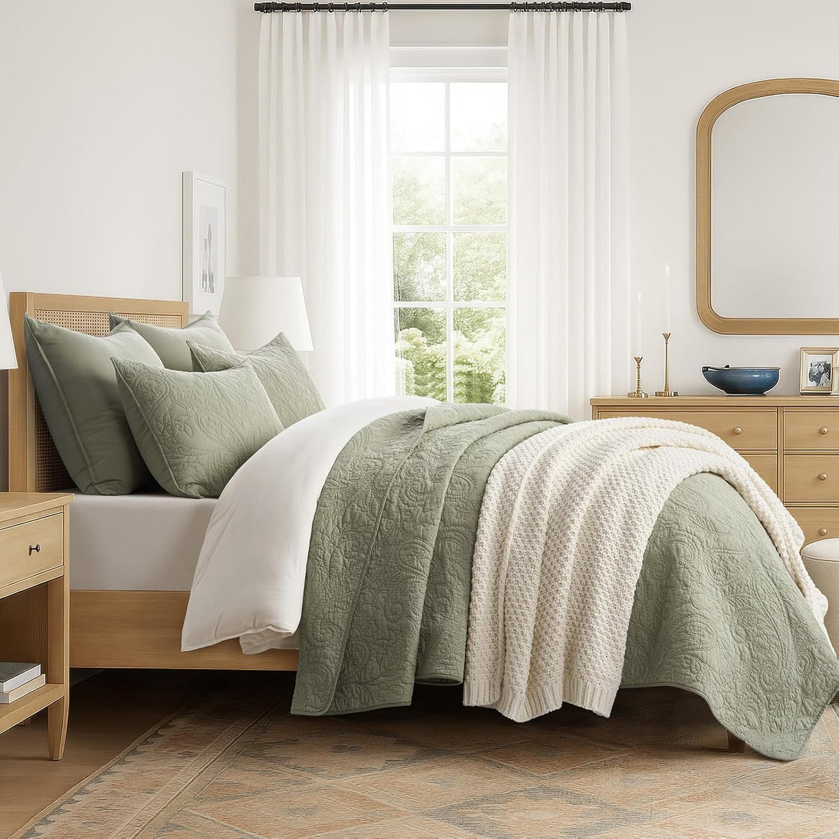 EVERGRACE 100% Cotton Paisley Quilt Set, King Size 3 Piece Set – Prewashed Lightweight Bedspread with 2 Shams, Soft & Breathable Matelasse-Style Quilted Coverlet, Light Sage Green