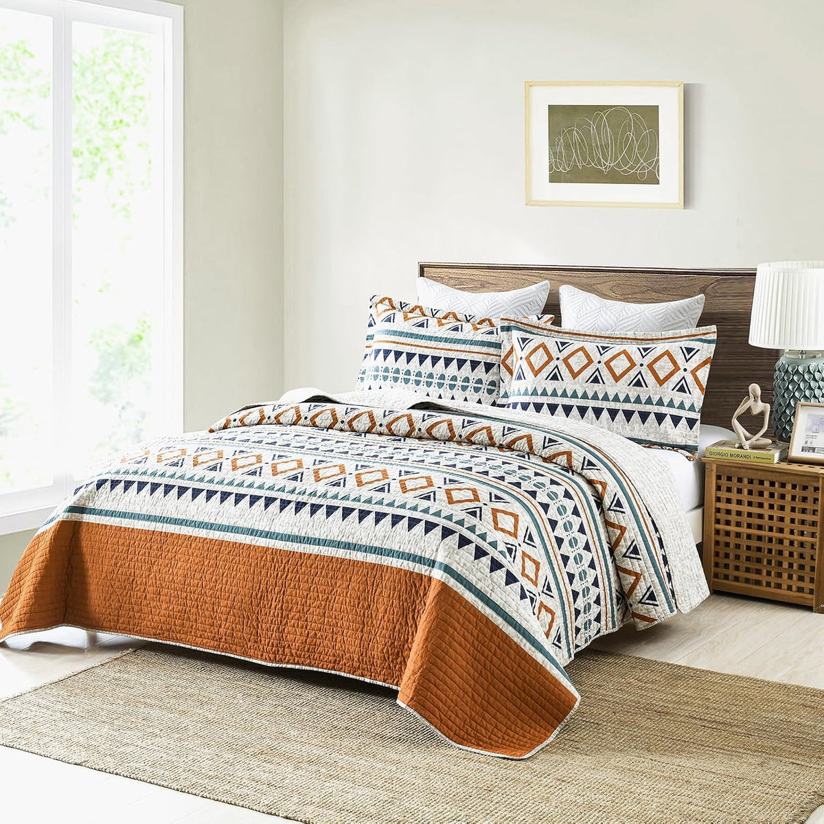 EWlinens Boho King Quilt Set - 100% Cotton Burnt Orange Quilts King Size, Bohemian Blue Lightweight Comforter Bedspread for King Bed, Soft Striped Geometric Quilt Bedding Set for All Season, 3 Pieces