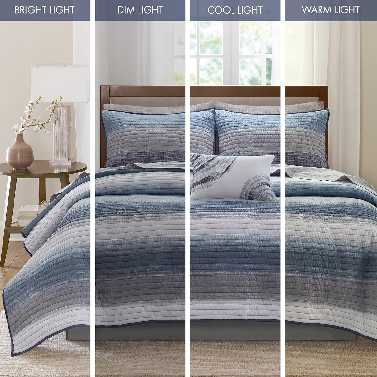 Madison Park Essentials Saben Cozy Bed in A Bag Reversible Quilt with Complete Cotton Sheet Set-Geometric Design All Season Cover, Decorative Pillow, Queen(90'x90'), Stripes Navy 8 Piece
