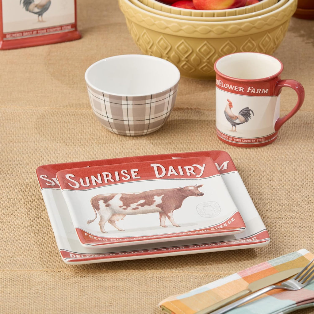 Vintage Farm 16-Piece Dinnerware Set, Includes 10.5-Inch Dinner Plates, 8.5-Inch Salad Plates, 16-Oz Mugs & 5.25-Inch Bowls, Farm Animal Design with Red Accents, Rustic & Dishwasher Safe