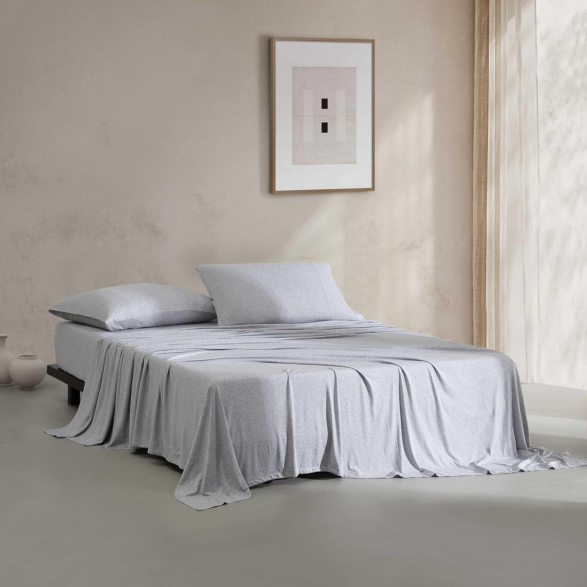Calvin Klein - King Size Sheets Set, Naturally Soft Cotton-Blend Melange Jersey Bedding - Bed Sheets with Matching Pillowcases & Fitted Sheet (Modern Cotton Grey/Blue)