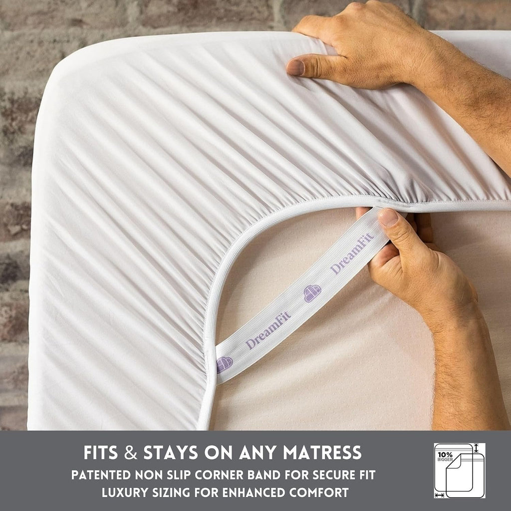 DreamFit DreamCool 100% Egyptian Cotton Cooling Bed Sheet Set with Elastic Corner Straps Extra Deep Pocket Crafted in USA Queen Sheet Set Ivory